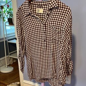 Cosmic Blue Love Burgundy and White Checkered Button-Down Shirt